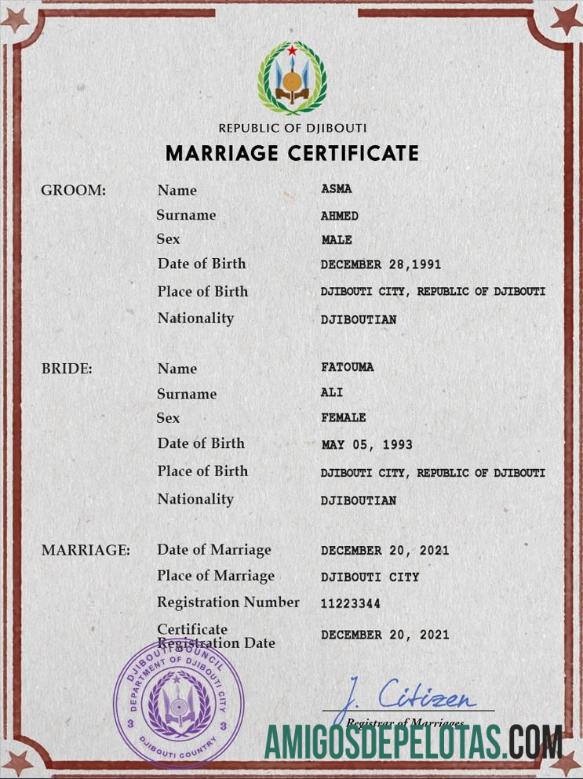 Imprimível modelo PSD de certidão de casamento de Djibuti